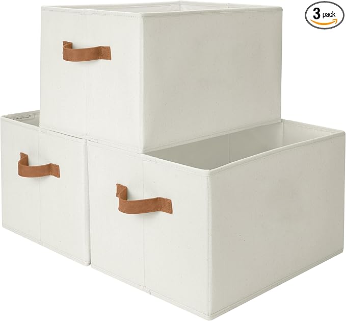 StorageWorks Foldable Storage Bins with PU Handles, Closet Storage Baskets, Fabric Bins for Clothes Storage, Ivory White, 3-Pack, Extra Large