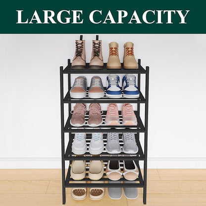 Smiry Small Bamboo Shoe Rack 5-Tier, Stackable Wooden Shoe Organizer for Entryway & Closet, Free Standing Wood Shoe Storage Shelf for Front Door & Small Spaces, Black
