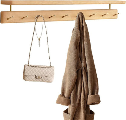 Solid Wood Wall Hooks with Shelf, Coat Rack Wall Mount, Entryway Hanging Shelf with 9 Brass Hooks for Hats, Clothes, Towels, Bags, Beech Wood, Natural