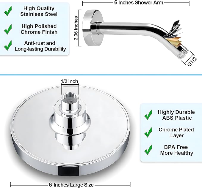 High Pressure Rainfall Shower Head, 6 Inches Showerhead with Perfect Adjustable Replacement, Removable Restrictor, Easy Installation for Your Bathroom Shower Heads (Chrome Plated + Shower Arm)