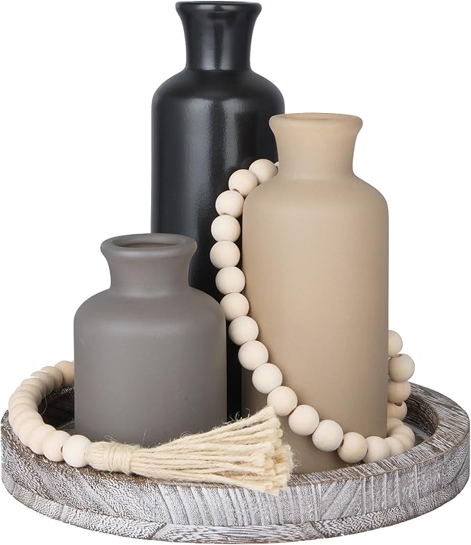 5 Pcs Rustic Country Tabletop Centerpieces Decor Set of 3 Boho Ceramic Vases with Wooden Serving Tray Wood Bead Garland Tassels Table Holder for Home Decorations (Dark Color)