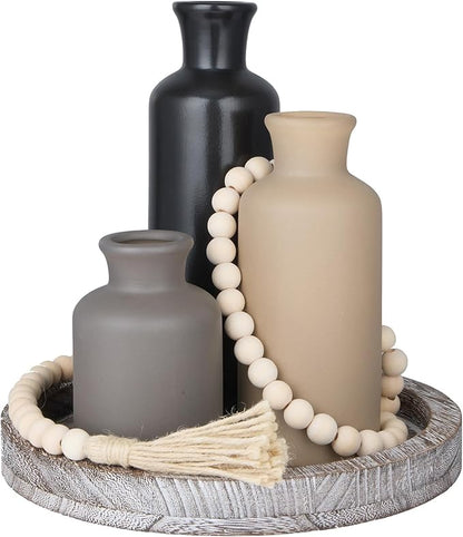 5 Pcs Rustic Country Tabletop Centerpieces Decor Set of 3 Boho Ceramic Vases with Wooden Serving Tray Wood Bead Garland Tassels Table Holder for Home Decorations (Dark Color)