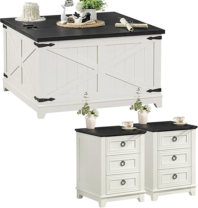 Farmhouse Coffee Table Set of 3, Furniture Set, Coffee Table with Hidden Storage Organizer and Nightsand 3-Piece Set, Large Country Natural Center Table Set for Living Room,Office, Home
