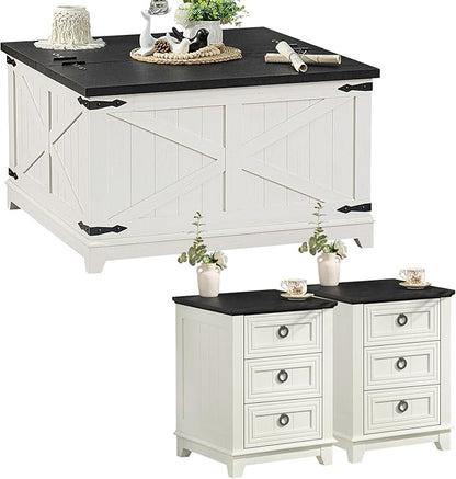 Farmhouse Coffee Table Set of 3, Furniture Set, Coffee Table with Hidden Storage Organizer and Nightsand 3-Piece Set, Large Country Natural Center Table Set for Living Room,Office, Home