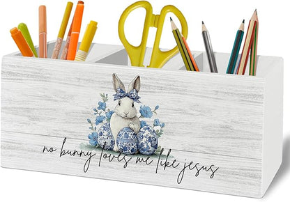 Chinoiserie Christian Easter Bunny Pen Pencil Holder Organizer for Desk Accessories, Blue and White Floral Rabbit Wooden Box Sign Desk Decor for Home Office Decoration, Easter Office Decor