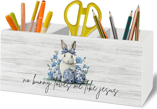 Chinoiserie Christian Easter Bunny Pen Pencil Holder Organizer for Desk Accessories, Blue and White Floral Rabbit Wooden Box Sign Desk Decor for Home Office Decoration, Easter Office Decor