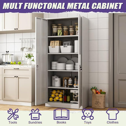 71''H Metal Garage Storage Cabinets with Lock, White Tall Storage Cabinet with Doors and 4 Adjustable Shelves, Lockable Steel File Cabinet for Office, Home, Garage (White, 71"H x 31.5"W x 16.5"D)