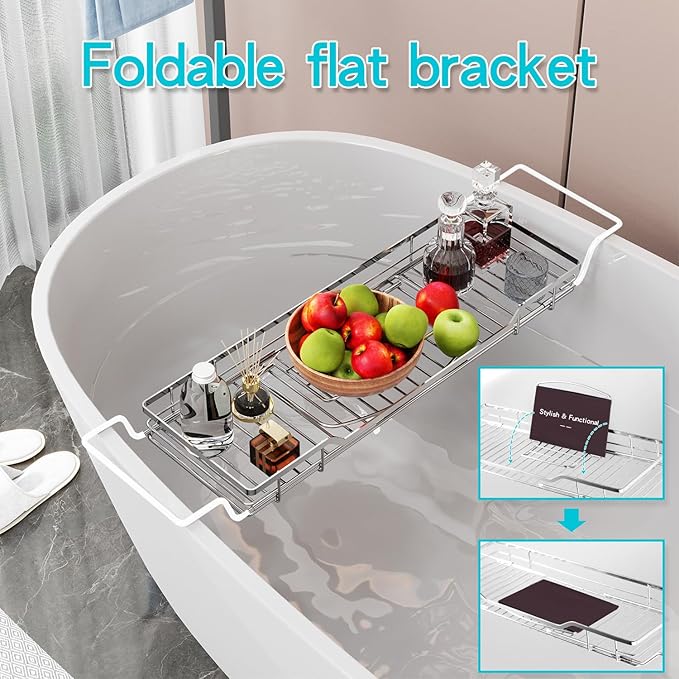 YQh Adjustable Tub Rack, 304 Stainless Steel Bathroom Tray, Multi-Function Tub Organizer with Adjustable Reading Rack, for Tablet or Cell Phone