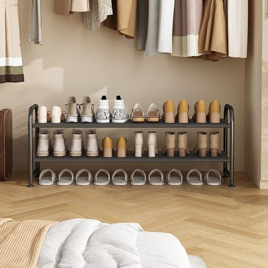 INGIORDAR Shoe Rack 2 Tier Long Storage Organizer Wide Metal Shoe Shelf for Closet Entryway Black