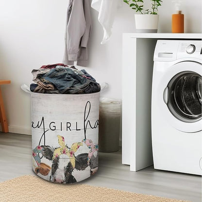 HKTZM Farmhouse Cow Laundry Basket, Hay Girl Hay Waterproof Collapsible Laundry Hamper Dirty Clothes Storage Toy Bin Organizer for Girls Kids Room Bathroom Bedroom Nursery