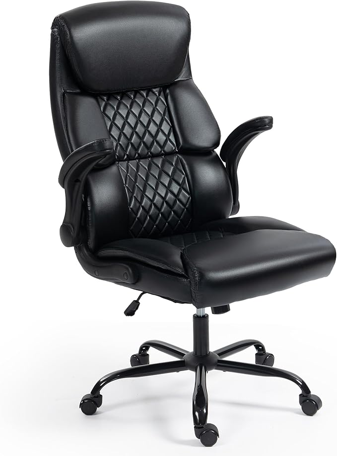 Office Chair - Ergonomic High Back Computer Desk Chair with Rocking Function & Lumbar Support - Executive Comfortable Wide Swivel Rolling Office Leather Chair with Flip-up Armrests for Home Gaming