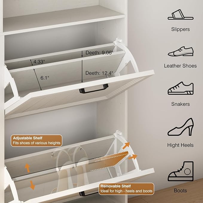 Shoe Storage Cabinet with 4 Flip Drawers, Farmhouse Modern Hidden Shoes Rack Cabinet with Adjustable Shelves & Open Storage, Narrow Slim Shoe Organizer for Front Door Entrance, Entryway, Antique White