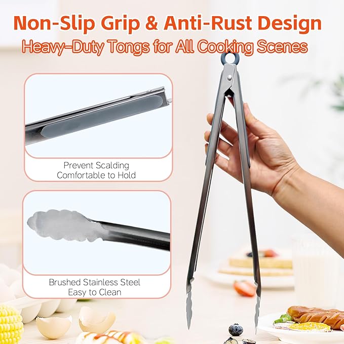 Grill Tongs Set of 3 - Stainless Steel BBQ Tongs with Lock (9, 12, 14 Inch) | Heat Resistant to 600°F | Heavy Duty & Dishwasher Safe for Grilling, Cooking, Salad (Gray)