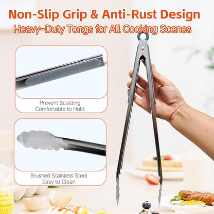Grill Tongs Set of 3 - Stainless Steel BBQ Tongs with Lock (9, 12, 14 Inch) | Heat Resistant to 600°F | Heavy Duty & Dishwasher Safe for Grilling, Cooking, Salad (Gray)