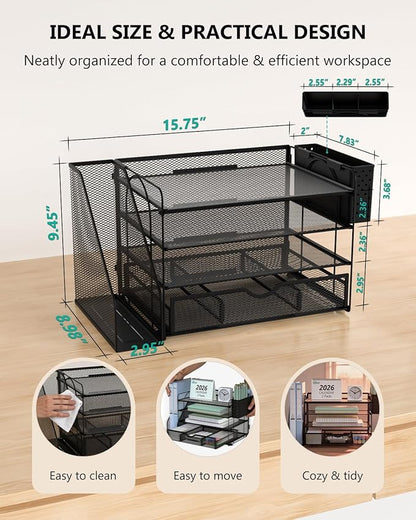 WALI Desk File Organizer, 4 Tier Desktop Paper Letter Tray Organizer with Drawer and 2 Pen Holders, Office Desk Accessories & Workspace Organizers for Office, Home Supplies(DO005DH-2B), 2 Packs, Black