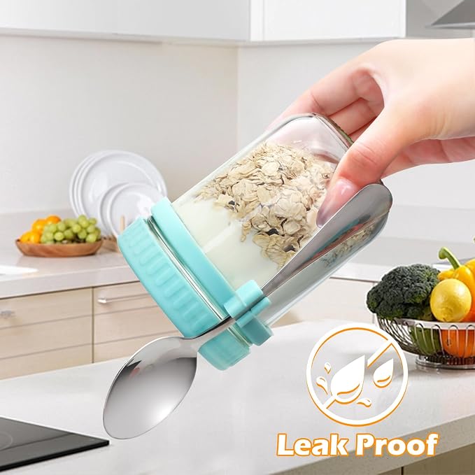 4 Pack Overnight Oats Containers with Lids and Spoons，16 Oz Glass Mason Jars for Overnight Oats Jars, Leak Proof oatmeal Container Meal Prep Jar for Cereal Salad Milk Yogurt Vegetable