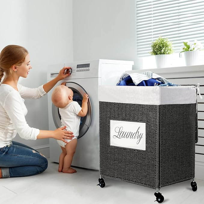 Mxfurhawa Laundry Basket, Heavy Duty Cotton Liner Laundry Storage Hamper with Handles, Collapsible Clothes Wire Basket Organizer Laundry Bag (89GY-H)