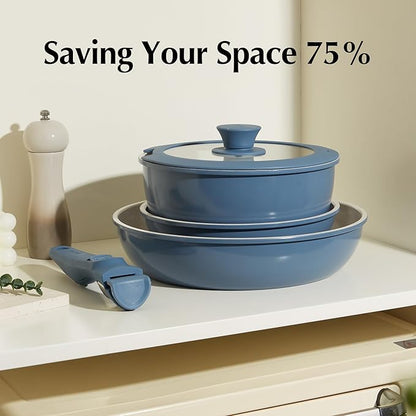 Redchef Ceramic Cookware Set, Removable Handle Pots and Pans Non-Stick, Rv Cookware Set, Non-Toxic Pots and Pans Set No PFAS, PTFE, PFOA, Detachable Pots and Pans, Dishwasher & Oven Safe(Blue)