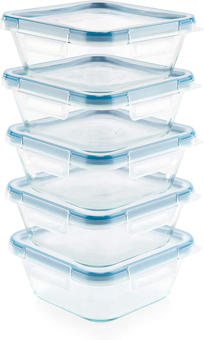 Snapware Glass Total Solutions (5-Pack, 4 Cup) Food Storage Containers Set, Airtight & Leakproof Plastic Locking BPA-Free Lids, Freezer Dishwasher Microwave Safe