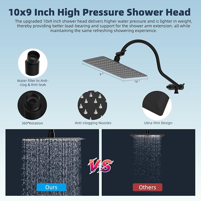 Hibbent All Metal 10'' Dual Filtered Rainfall Shower Head Combo, High Pressure Handheld Shower Head with 12'' Adjustable Curved Extension Arm, 20 Stage Shower Filter, 10-spray, 71'' Hose, Matte Black