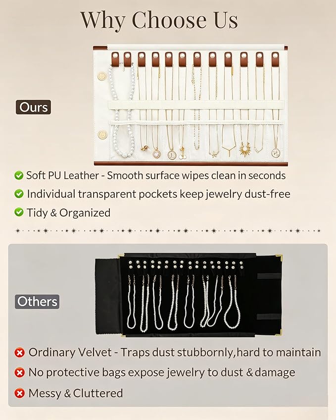Lolalet Travel Necklace Organizer, Tangle-Free Necklace Case for Travel, Foldable Roll Up Jewelry Storage Bag for Necklaces Chains Bracelets, Caramel, 12 Slots Holder