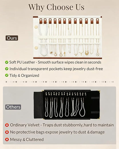 Lolalet Travel Necklace Organizer, Tangle-Free Necklace Case for Travel, Foldable Roll Up Jewelry Storage Bag for Necklaces Chains Bracelets, Caramel, 12 Slots Holder
