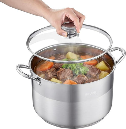 VEVOR Stainless Steel Stock Pot, 12QT Stainless Steel Stockpot with Glass Lid, PFOA-Free, PFAS-Free, Compatible with Gas Stoves, Induction Cooktops, Electric Stoves, for Soups, Stews, and Pasta