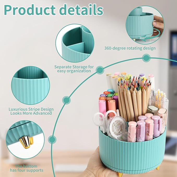 Camelmother Pen Holder For Desk With 5 Slots 360°Rotating Pencil Holder Makeup Organiezr Teacher Supplies Office decor (blue)