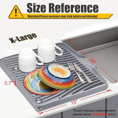 TIKNIK Silicone Dish Drying Mat for Kitchen Counter - Heat Resistant & Non-Slip Dish Drain Pad with Built-In Drain, Dishwasher Safe, Quick-Dry, Hangable & Roll-Up for Storage, Grey-1pcs, 20" x 15"