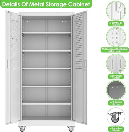 Reemoon71 H×32" W×16" D Metal Storage Cabinet with 5 Adjustable Shelves and Pegboard,Metal Garage Storage Cabinet with Wheels for Garage Home Office Utility Room,Required Assembly,White