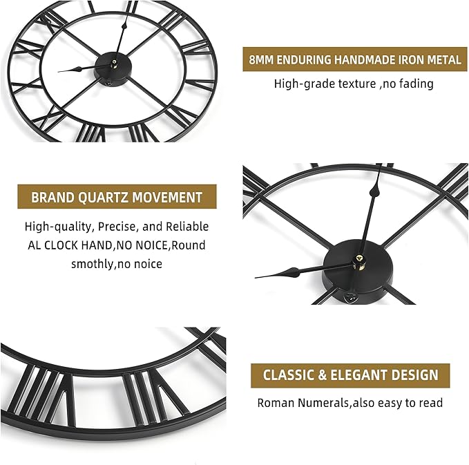 Large Wall Clock for Living Room Decor - 100cm/ 40 Inch Nearly Silent Non-Ticking Metal Wall Clocks Battery Operated, Vintage Decorative Modern Wall Clock for Bedroom, Office, Farmhouse Decor
