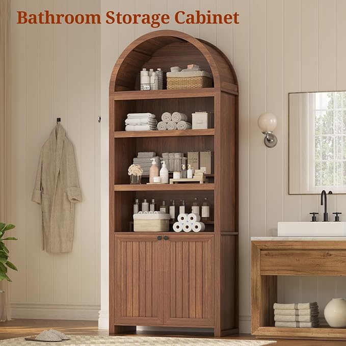 81" Tall Arched Cabinets,Bookcase with storage,Mid-Century Modern 6-Tier Bookshelf with Door,2 Book Risers and Adjustable Shelves offering more storage space for Living Room,Kitchen,Home Office,Brown