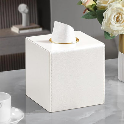 MEIBOOCH Square Tissue Box Cover, Luxury PU Leather Tissue Holder with Magnetic Closure (Beige)