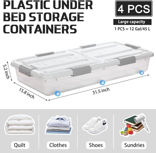 Beeveer 4 Pcs Plastic Under Bed Storage Container with Double Opening Lid Wheel Handle, Transparent Large Capacity Stackable Latching Festival Storage Bin for Closet Bedroom, 31.5x15.8x5.2 In(White)
