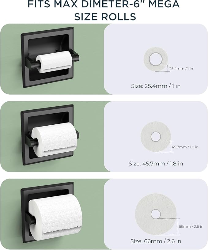 FORIOUS Recessed Toilet Paper Holder, Stainless Steel Durable Tissue Roll Holder Wall Mount for Bathroom Space Saving Design with Mounting Bracket, 2 Pack Matte Black