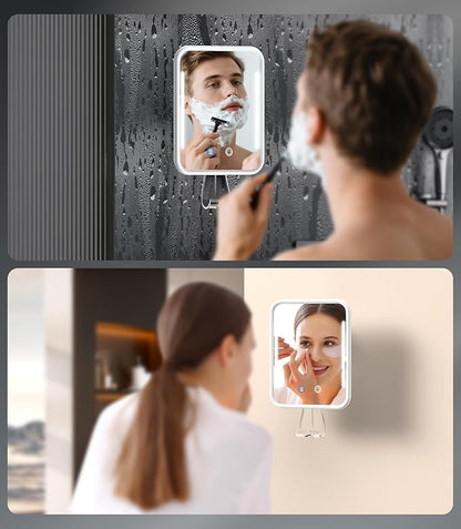Lighted Shower Mirror Fogless for Shaving with Light, 5000mAh Heated Fogless Mirror for Shower, Detachable Razor Holder and Suction Cup for Wall, NO-Drilling, Waterproof for Bathroom (White)