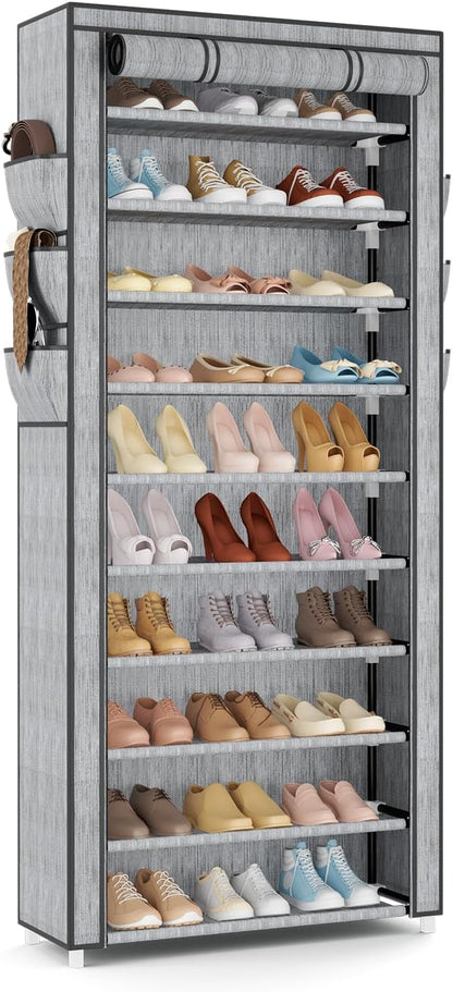VTRIN Vertical Narrow Shoe Rack Organizer Tall Shoe Rack for Closet Entryway 10 Tier Non-Woven Cover Shoe Shelf Holds 36-41 Pairs Free Standing Shoe Storage Cabinet with Dustproof Cover, Multi Color