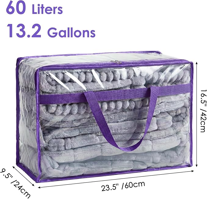 SGHUO Clear Storage Bags 60L Extra Large Plastic Vinyl Blanket Storage Bag for Clothes, Comforter, Bedding, Moving Bags with Zipper and Reinforced Handle (4pcs, Purple)