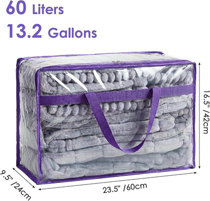 SGHUO Clear Storage Bags 60L Extra Large Plastic Vinyl Blanket Storage Bag for Clothes, Comforter, Bedding, Moving Bags with Zipper and Reinforced Handle (4pcs, Purple)