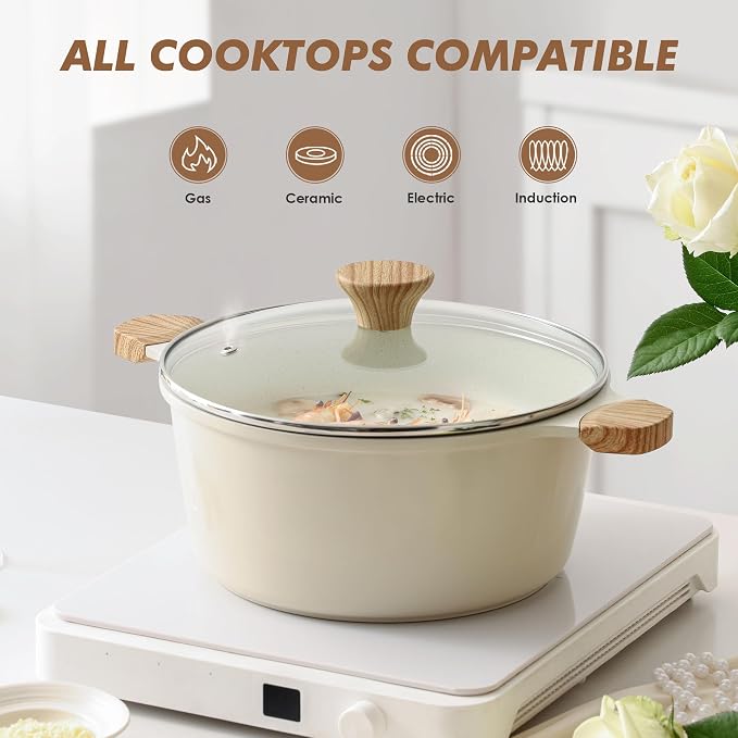 SENSARTE Ceramic Nonstick Stock Pot with Lid, 4.5 Quart Induction Cooking Pot with Tempered Glass Lid, Stew Pot for Soup and Oatmeal, Pasta Casserole, PFOA PFAS PTFE Free, Creamy White