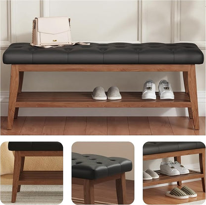 LEILISI Entryway Shoe Bench with Storage, End of Bed Bench, Microfiber Leather Upholstered Button-Tufted Seat Bench with Solid Wood Frame for Living Room, Bedroom (Black, 43.3'')