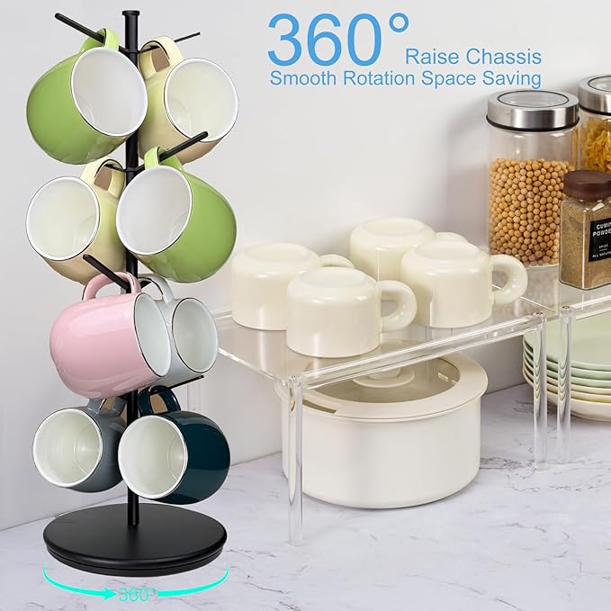 360° Rotating Mug Tree, Large 8 Hooks Upgraded Stable Metal Mug Holder, Bamboo Base Coffee Mug Cup Rack for Counter Top, Mug Display, Home Storage and Cup Organizer, Black