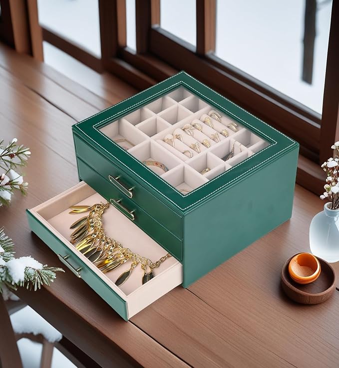 3 Layer Jewelry Organizer Box with Glass Lids & 3 Drawers - Elegant Storage Solution for Necklace, Rings，Earrings, and Bracelets - Perfect for Women ASK-301 (Green)