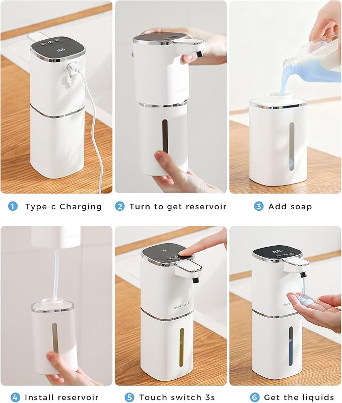 2 Pack Automatic Liquid Soap Dispenser, 13.5oz/400mL, USB Rechargeable, 9-Adjustable Liquid Levels, IPX5 Waterproof, Touchless & Wall/Tabletop Use for Kitchen Bathroom, White