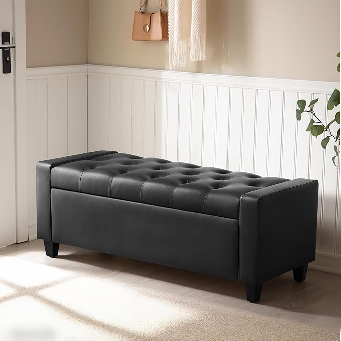 Ottoman with Storage，Storage Ottoman Bench, Storage Bench for Bedroom with Safety Hinge，Bedroom Benches with Seating for Living Room, Entryway (Black-PU)