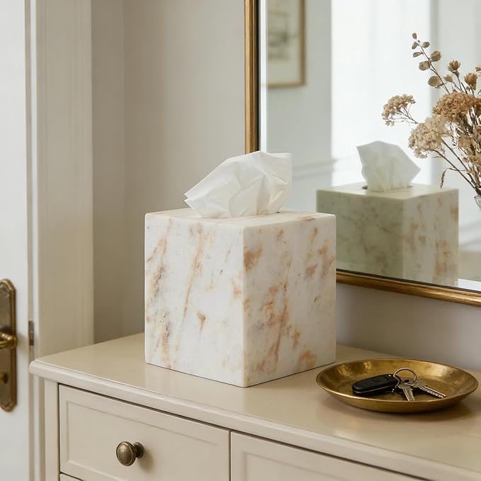 Marble Tissue Box Cover for Bathroom, White with Gold Texture Marble Facial Tissue Holder, Rectangular Toilet Paper Holder Case, Elegant Home Decorative for Vanity, Bedroom, Living Room, Office