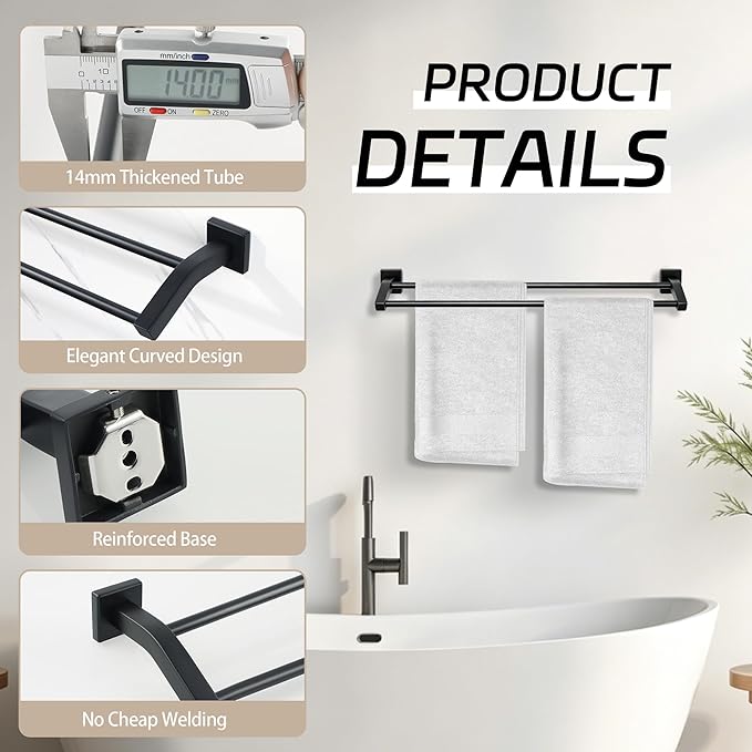 Alise Double Towel Bar, 32 Inch Towel Rack for Bathroom Wall Mounted, SUS304 Stainless Steel Bathroom Towel Holder Joining Process Towel Rail for Bathroom,Matte Black