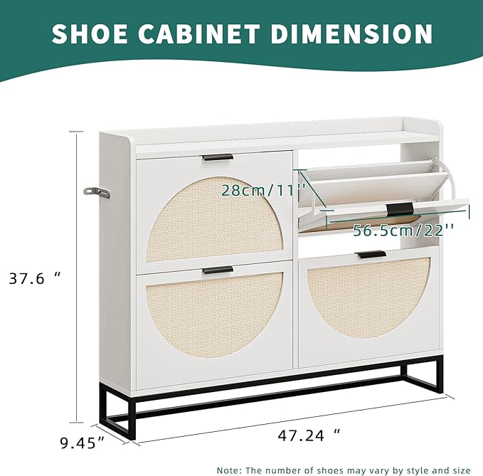 Shoe Storage Cabinet for Entryway Wooden Rattan Shoe Cabinet with 4 Flip Drawers Long Hidden Shoes Cabinet Storage with Metal Legs Narrow Shoe Rack Cabinet Shoes Organizer Cabinet for Hallway White