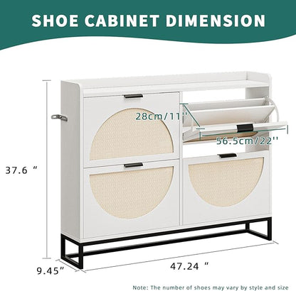 Shoe Storage Cabinet for Entryway Wooden Rattan Shoe Cabinet with 4 Flip Drawers Long Hidden Shoes Cabinet Storage with Metal Legs Narrow Shoe Rack Cabinet Shoes Organizer Cabinet for Hallway White