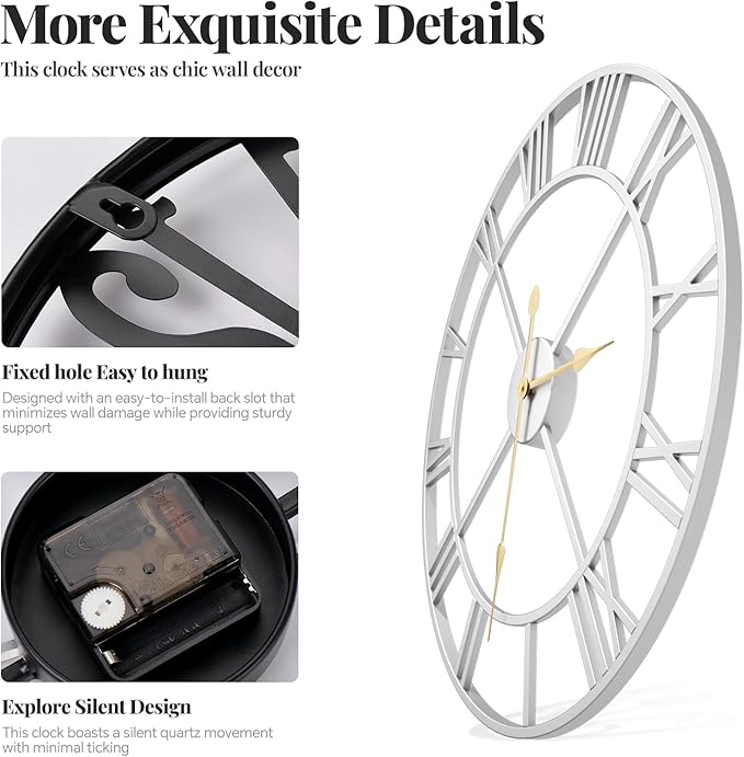 Cuspin Silver Wall Clock for Living Room Decor, 24 Inch Large Metal Wall Clock Modern Luxury Roman Numeral Analog Battery-Operated Round Decorative Clocks for Bedroom, Kitchen, Office